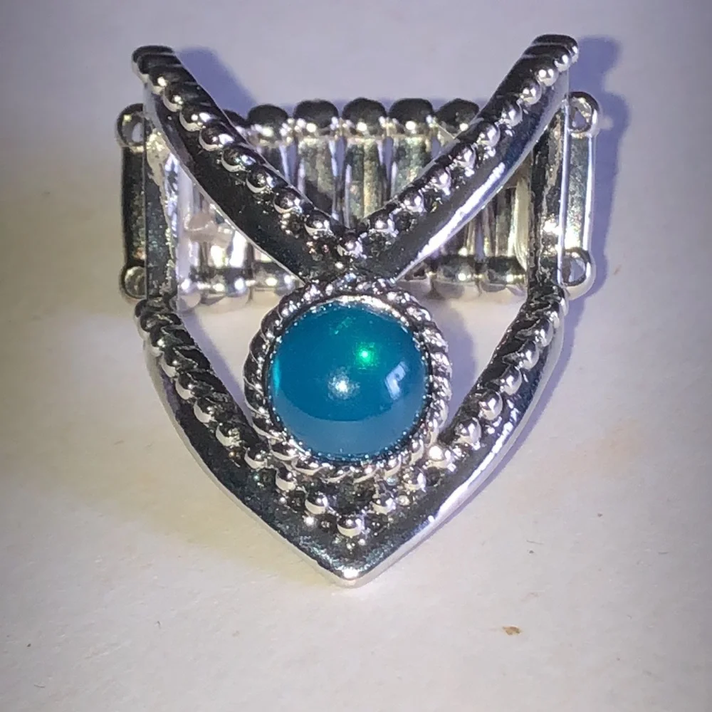 Silver-tone Boho Teardrop Ring with Blue Cabochon